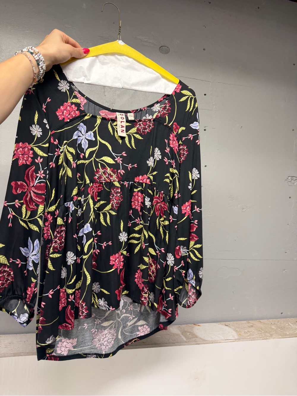 dolan Black Floral Peasant Tunic with Pink & Green Accents